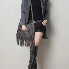 Women's Fringed Leather Shoulder Bag with Adjustable Strap