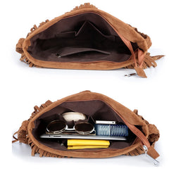 Women's Fringed Leather Shoulder Bag with Adjustable Strap