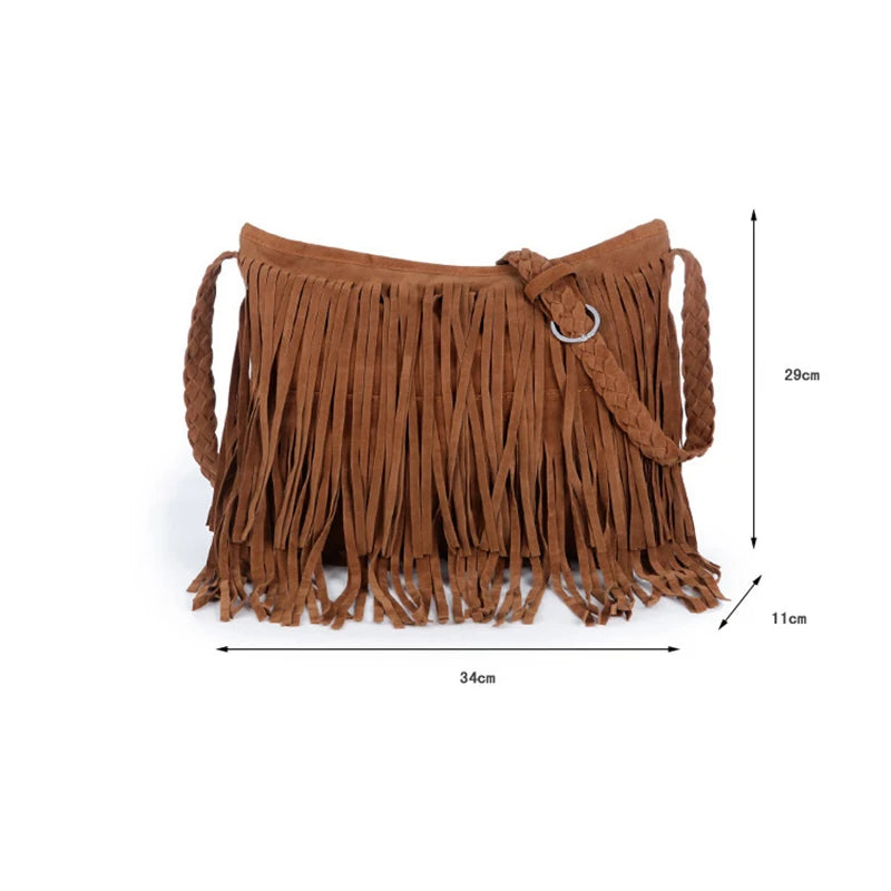Women's Fringed Leather Shoulder Bag with Adjustable Strap