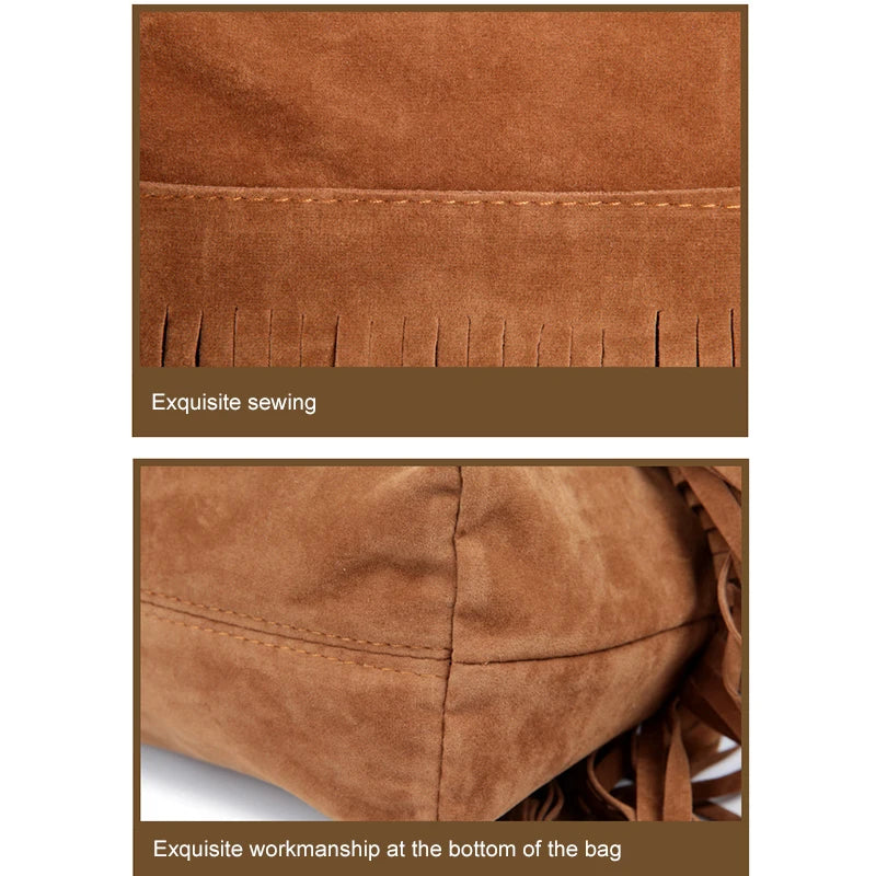Women's Fringed Leather Shoulder Bag with Adjustable Strap
