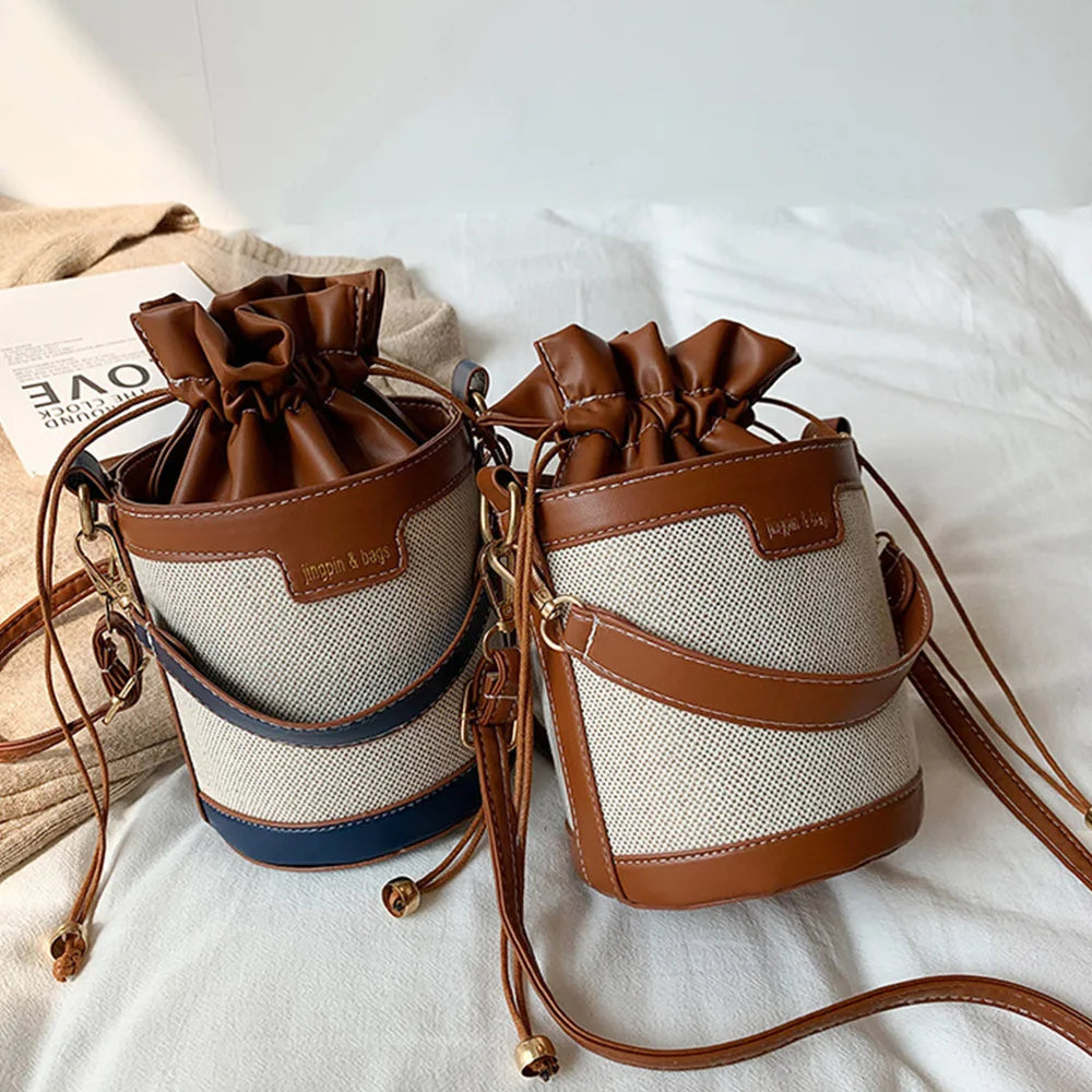 Women's Drawstring Bucket Bag One Shoulder Messenger Handbag