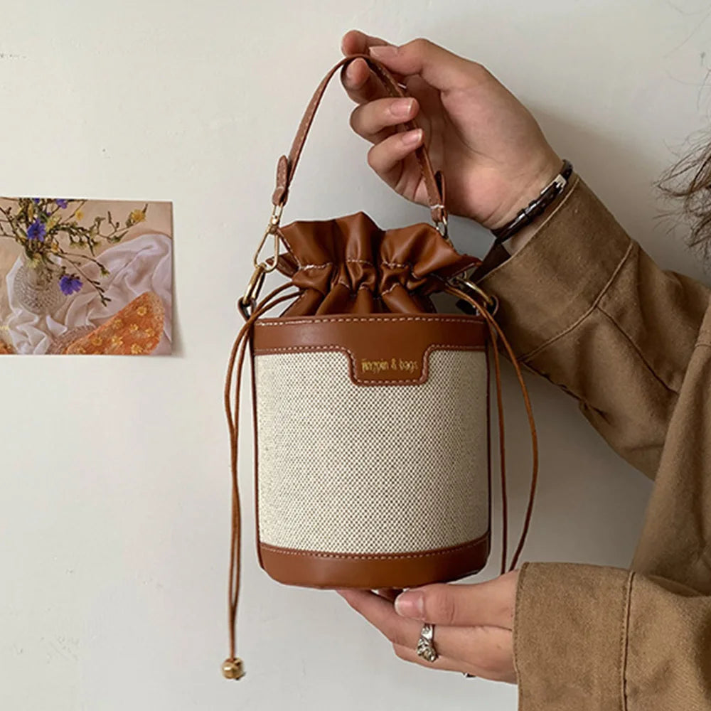 Women's Drawstring Bucket Bag One Shoulder Messenger Handbag