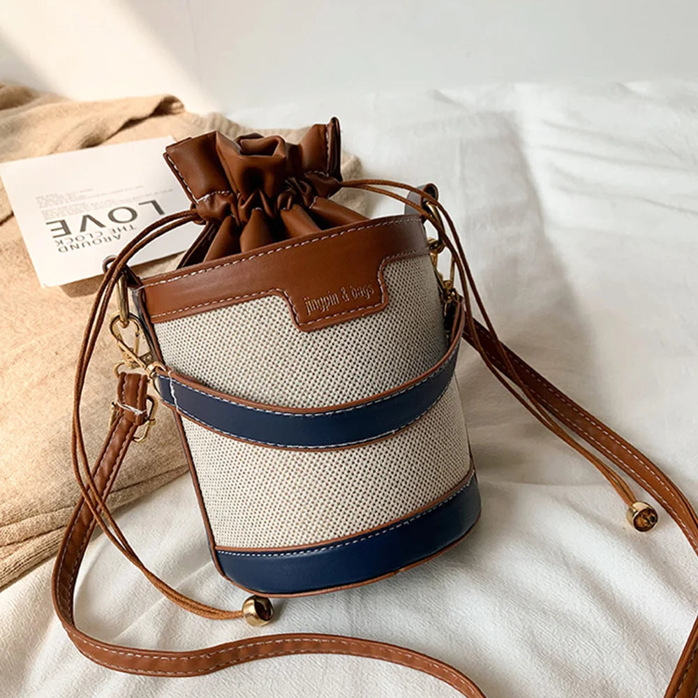 Women's Drawstring Bucket Bag One Shoulder Messenger Handbag
