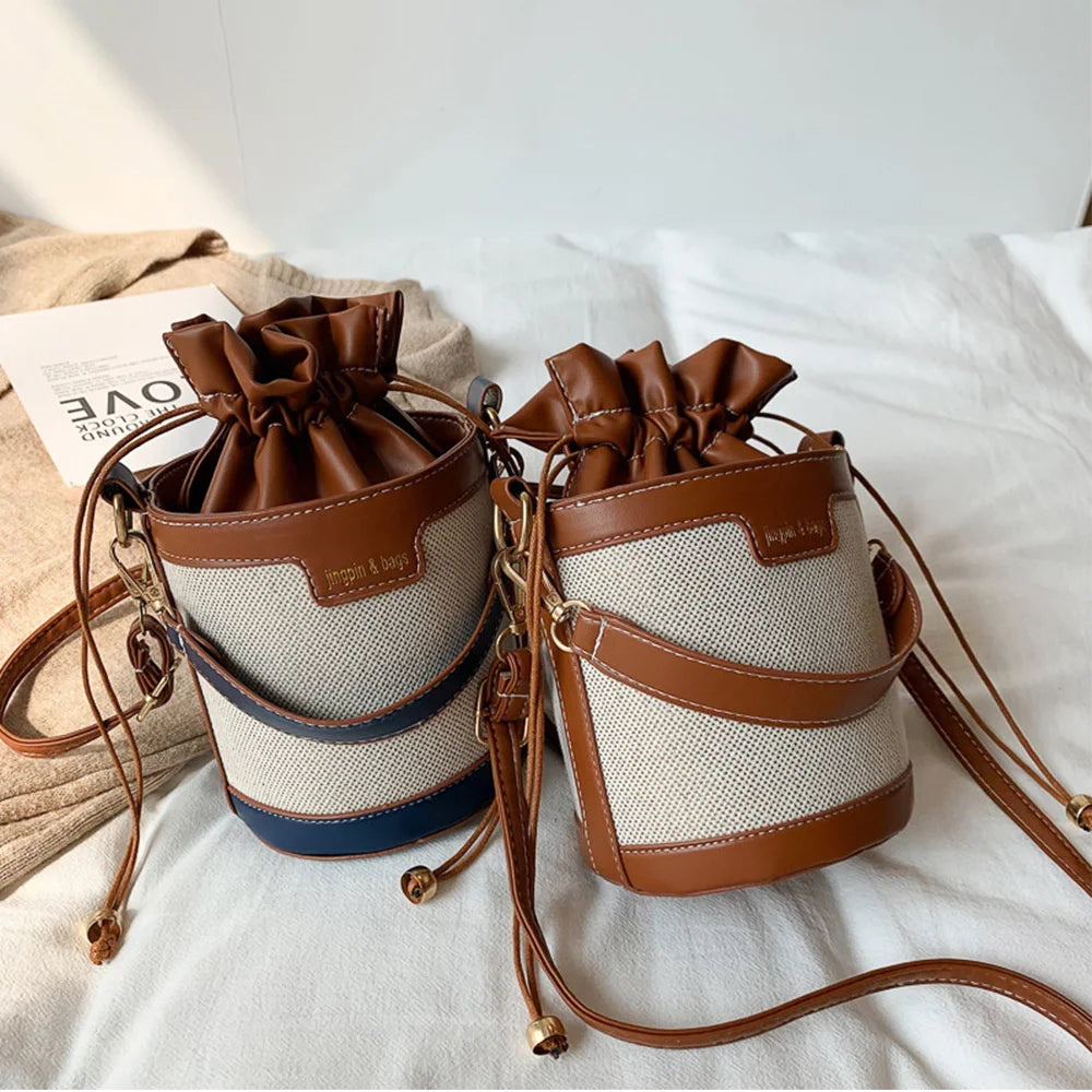 Women's Drawstring Bucket Bag One Shoulder Messenger Handbag