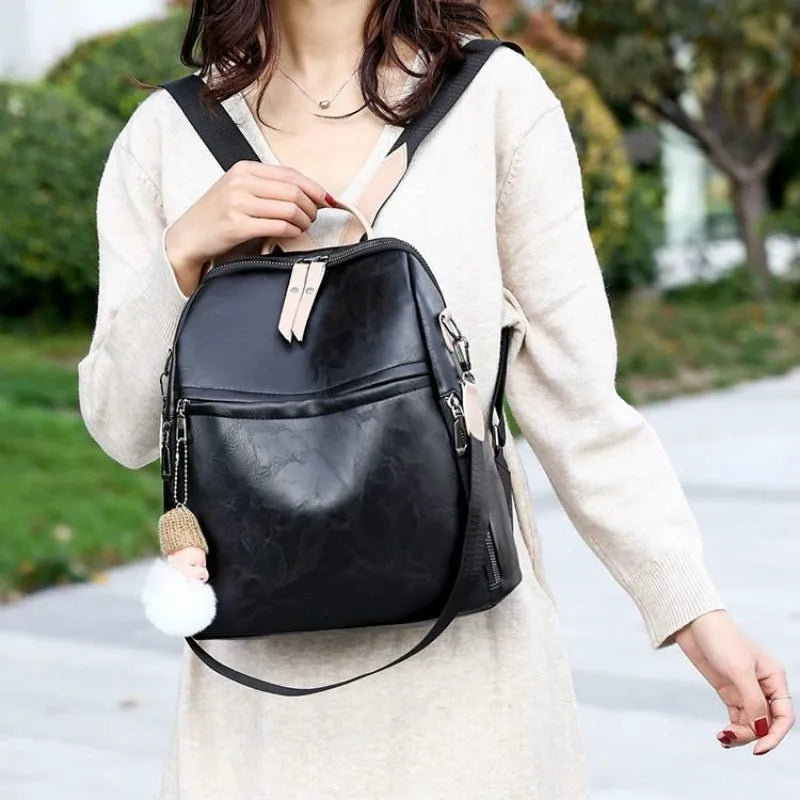Women's Green Backpack High Wild Soft Pu Leather Leisure Travel Large Capacity B