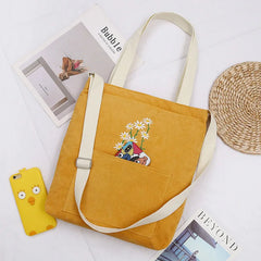 Corduroy Japanese Shopper Bag Embroidered Crossbody for Girls