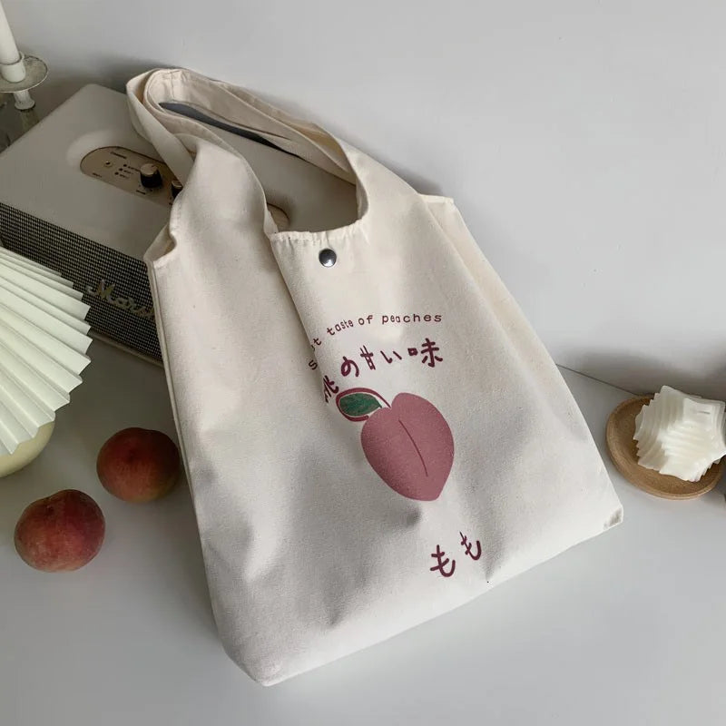 Peach Print Tote Bag for School Girls Eco Shoulder Bags