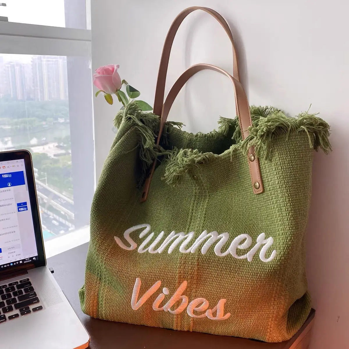 Canvas Tote Bag with Tassel Shoulder Bag for Women