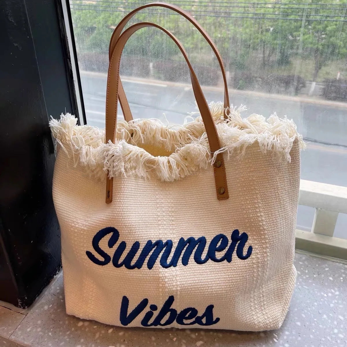 Canvas Tote Bag with Tassel Shoulder Bag for Women