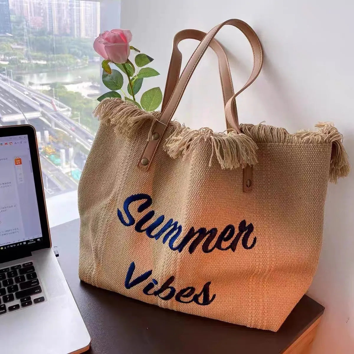 Canvas Tote Bag with Tassel Shoulder Bag for Women