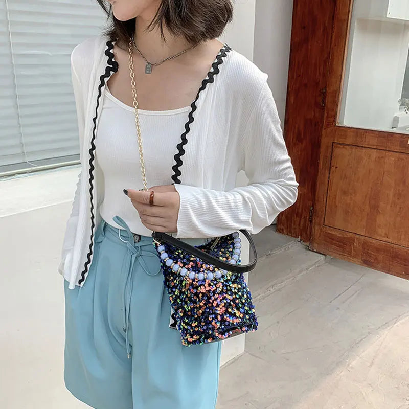 Sequins Bucket Bag Beaded Shoulder Bags Female