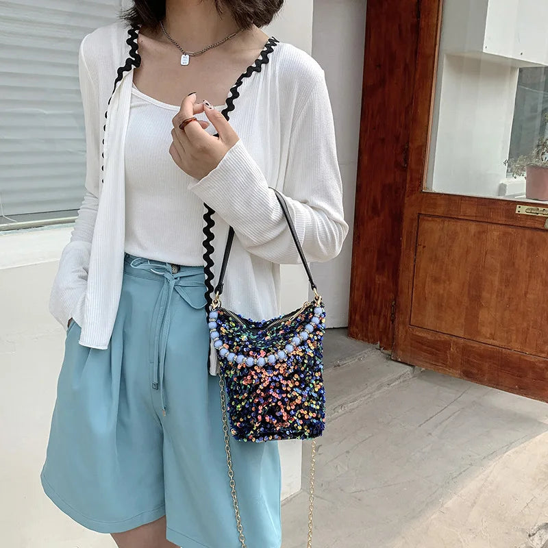 Sequins Bucket Bag Beaded Shoulder Bags Female
