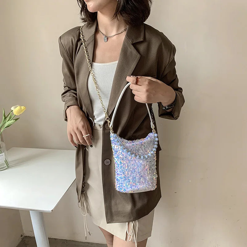 Sequins Bucket Bag Beaded Shoulder Bags Female