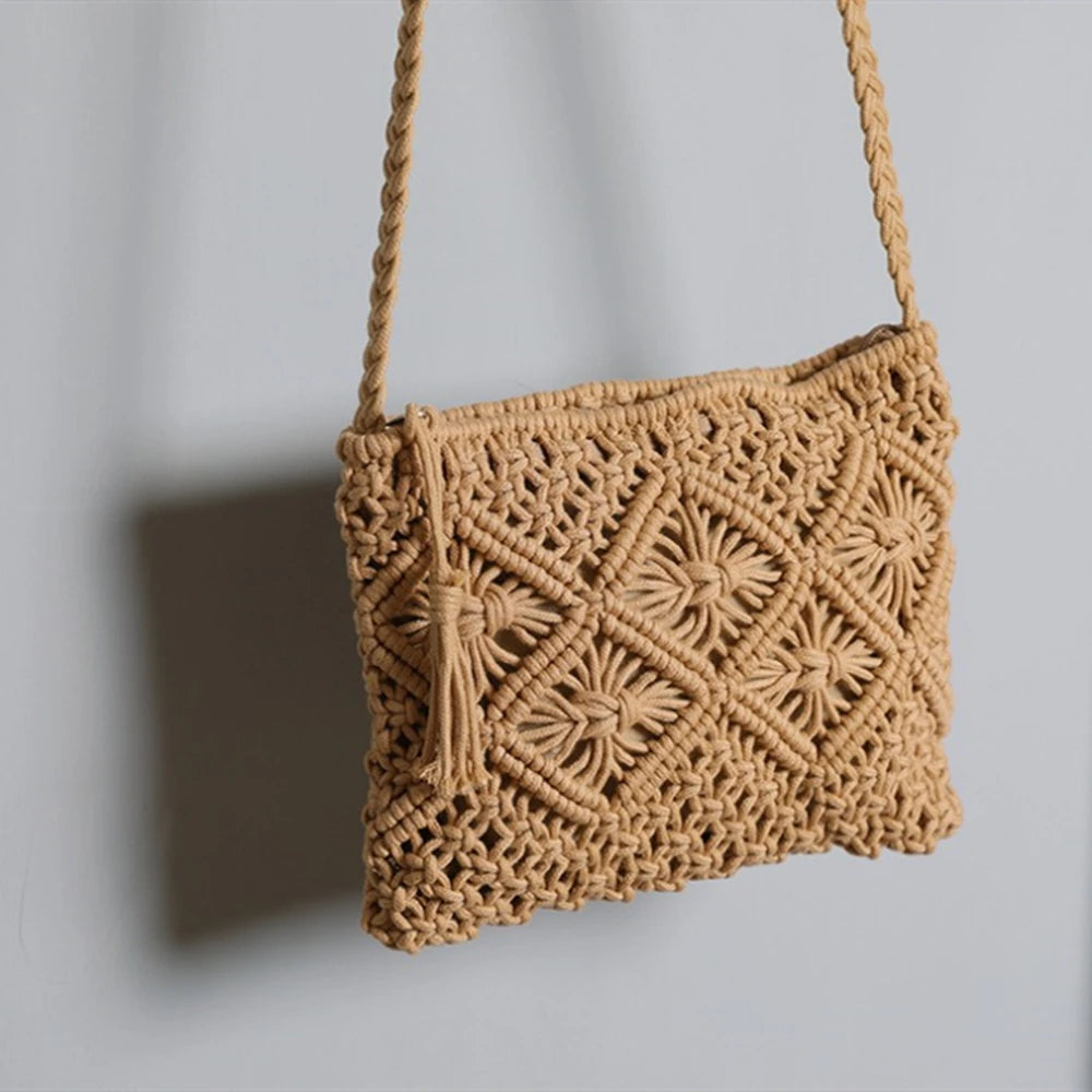 Women's Crossbody Straw Handbag Beach Shoulder Tassel Zipper Purse Bohemian