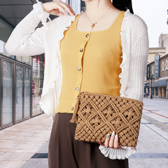 Women's Crossbody Straw Handbag Beach Shoulder Tassel Zipper Purse Bohemian