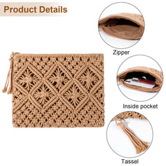 Women's Crossbody Straw Handbag Beach Shoulder Tassel Zipper Purse Bohemian