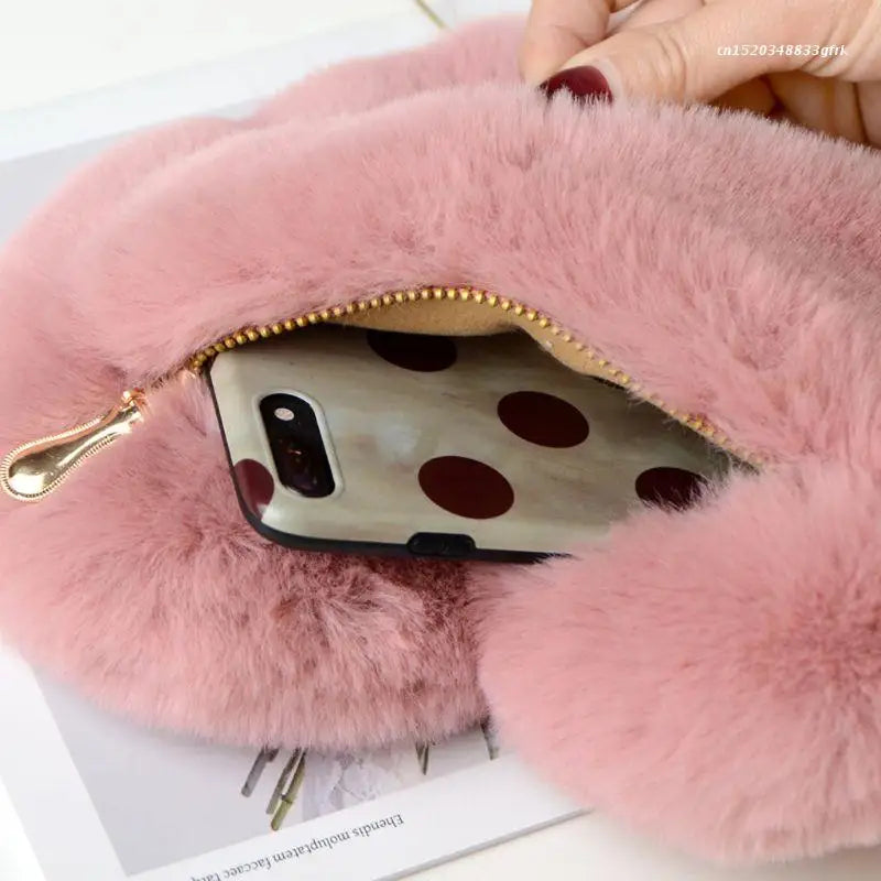 Heart Shaped Faux Fur Crossbody Wallet Purse Chain Bag
