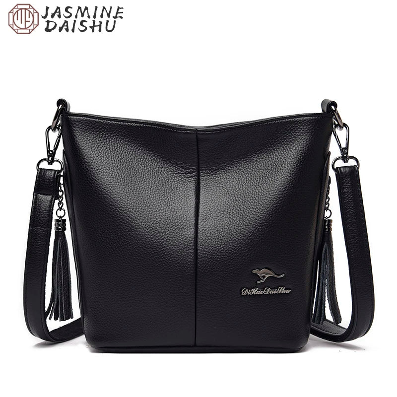 Women's PU Leather Tassel Shoulder Bag Large Bucket Capacity