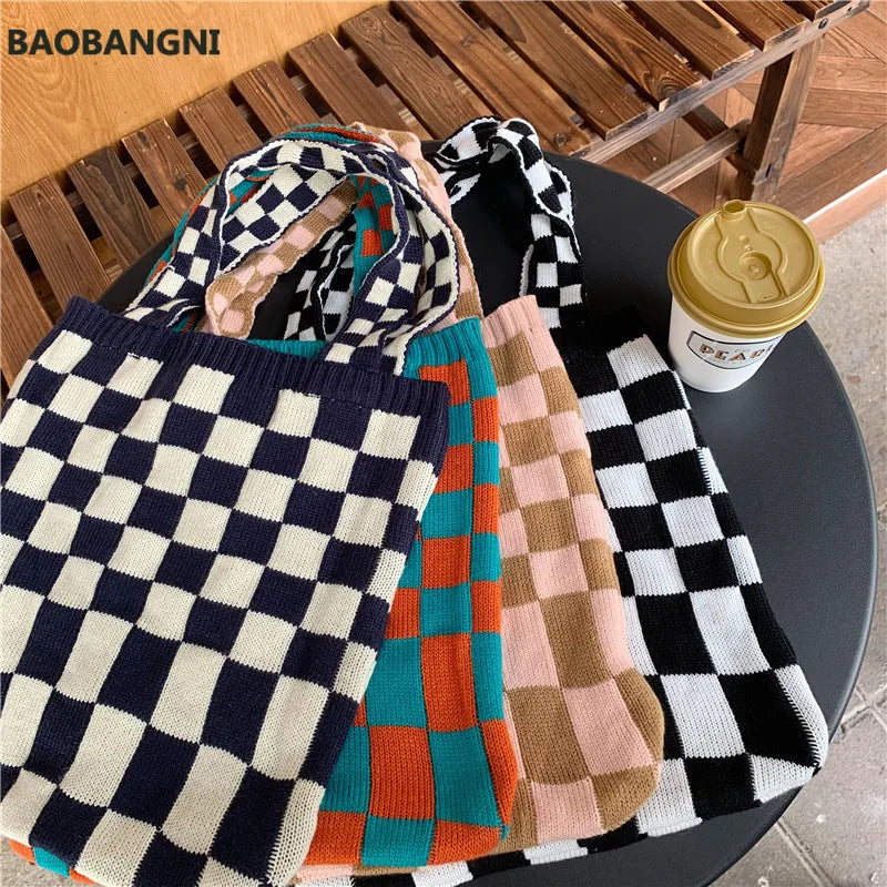 Women's Checkerboard Shoulder Bag Retro Plaid Casual Tote Handbag Large Capacity