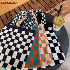 Women's Checkerboard Shoulder Bag Retro Plaid Casual Tote Handbag Large Capacity