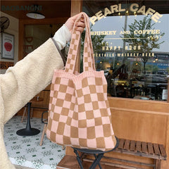 Women's Checkerboard Shoulder Bag Retro Plaid Casual Tote Handbag Large Capacity