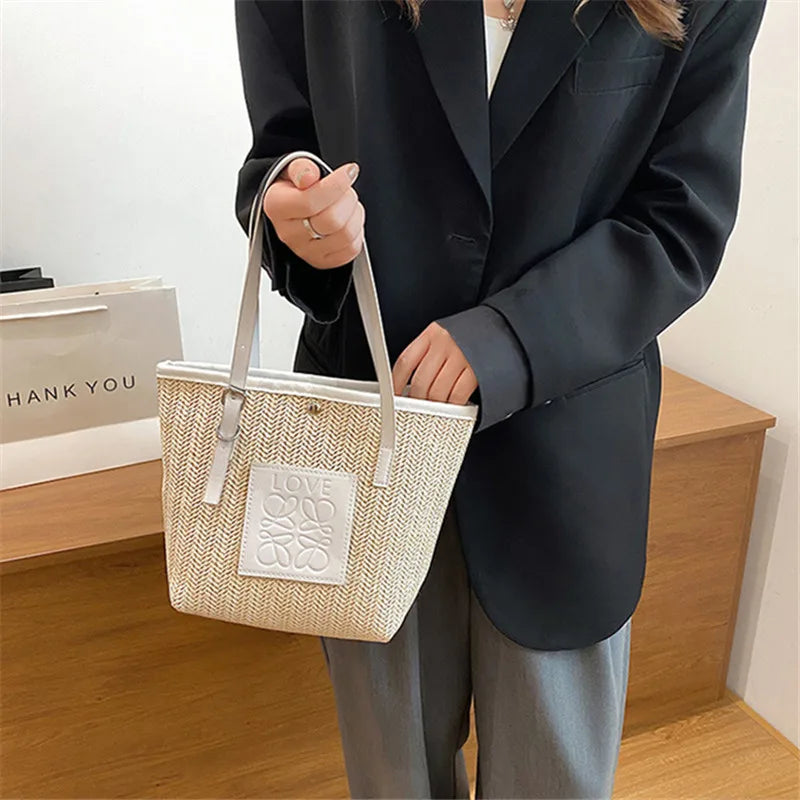 Women's Large Capacity Straw Shoulder Bag Beach Handbag Totes