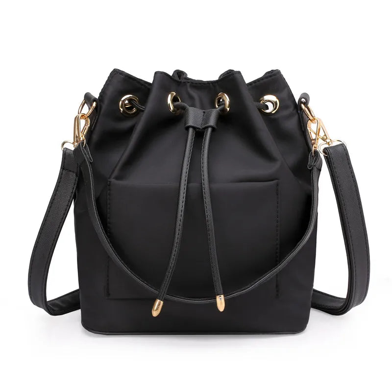Women's Canvas Shoulder Bag with Pocket, Nylon Bucket Bag