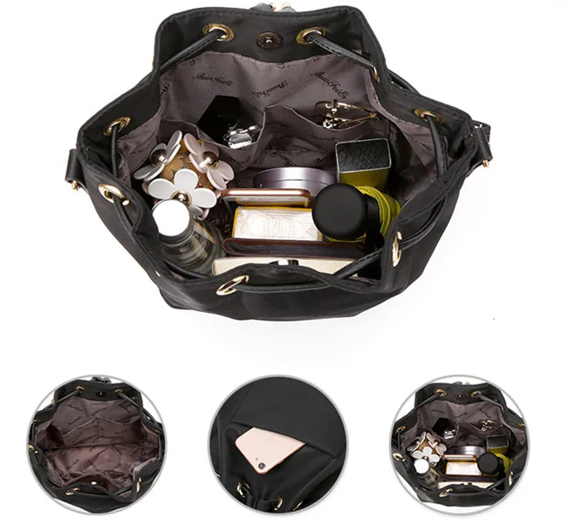 Women's Canvas Shoulder Bag with Pocket, Nylon Bucket Bag
