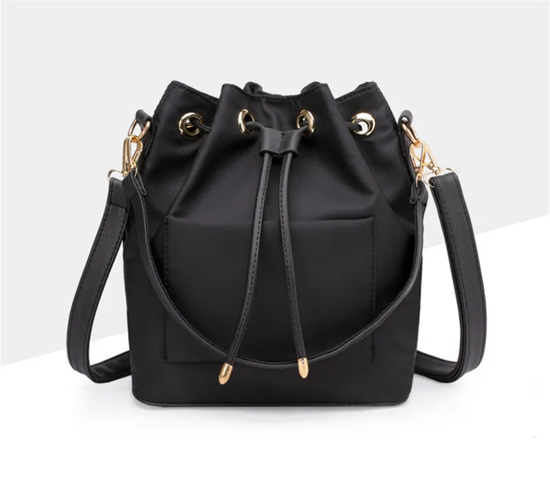 Women's Canvas Shoulder Bag with Pocket, Nylon Bucket Bag
