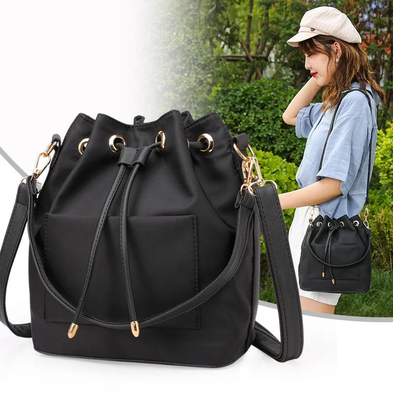 Women's Canvas Shoulder Bag with Pocket, Nylon Bucket Bag