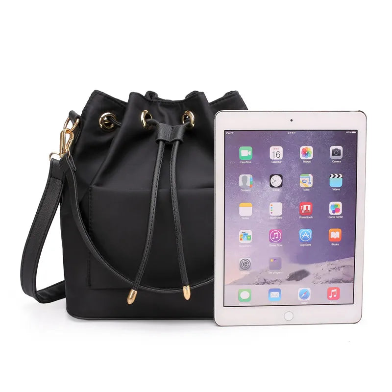 Women's Canvas Shoulder Bag with Pocket, Nylon Bucket Bag