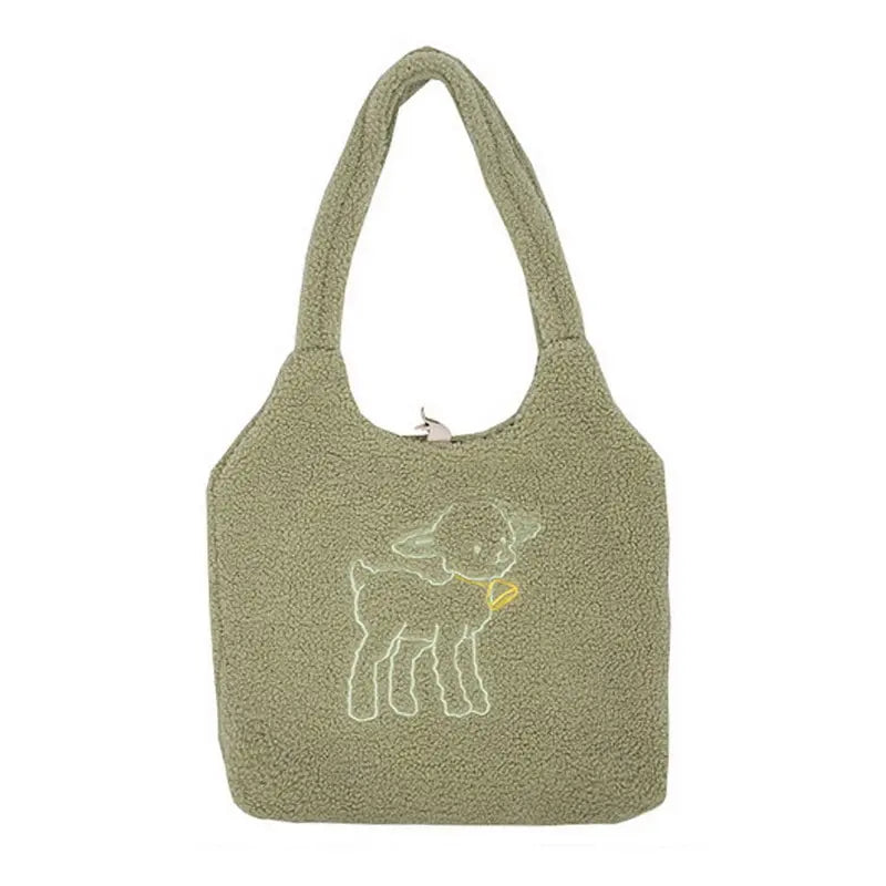 Women's Lamb Fabric Shoulder Bag Large Capacity Embroidery Shopper Bags