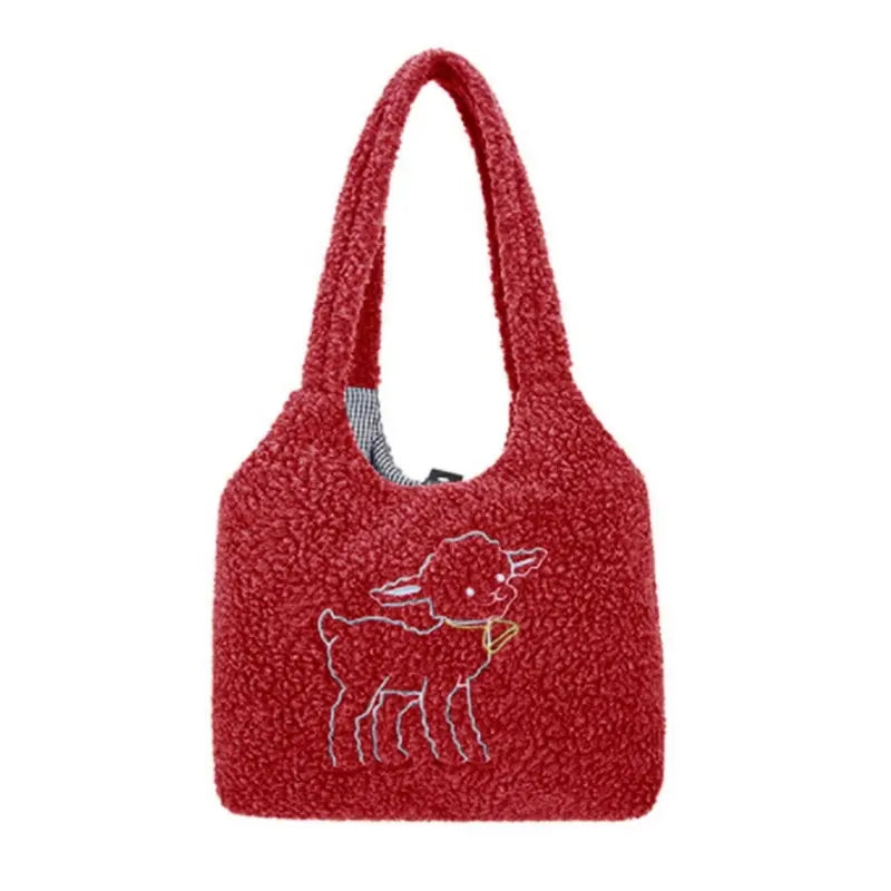 Women's Lamb Fabric Shoulder Bag Large Capacity Embroidery Shopper Bags