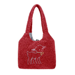 Women's Lamb Fabric Shoulder Bag Large Capacity Embroidery Shopper Bags