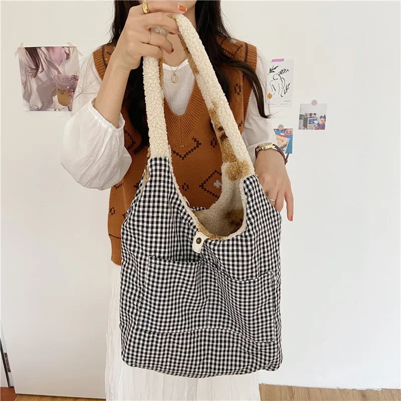 Women's Lamb Fabric Shoulder Bag Handbag Tote Large Capacity