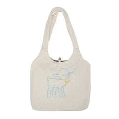 Women's Lamb Fabric Shoulder Bag Large Capacity Embroidery Shopper Bags