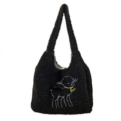 Women's Lamb Fabric Shoulder Bag Large Capacity Embroidery Shopper Bags