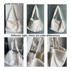 Women's Lamb Fabric Shoulder Bag Tote Large Capacity Embroidery Shopper Bag