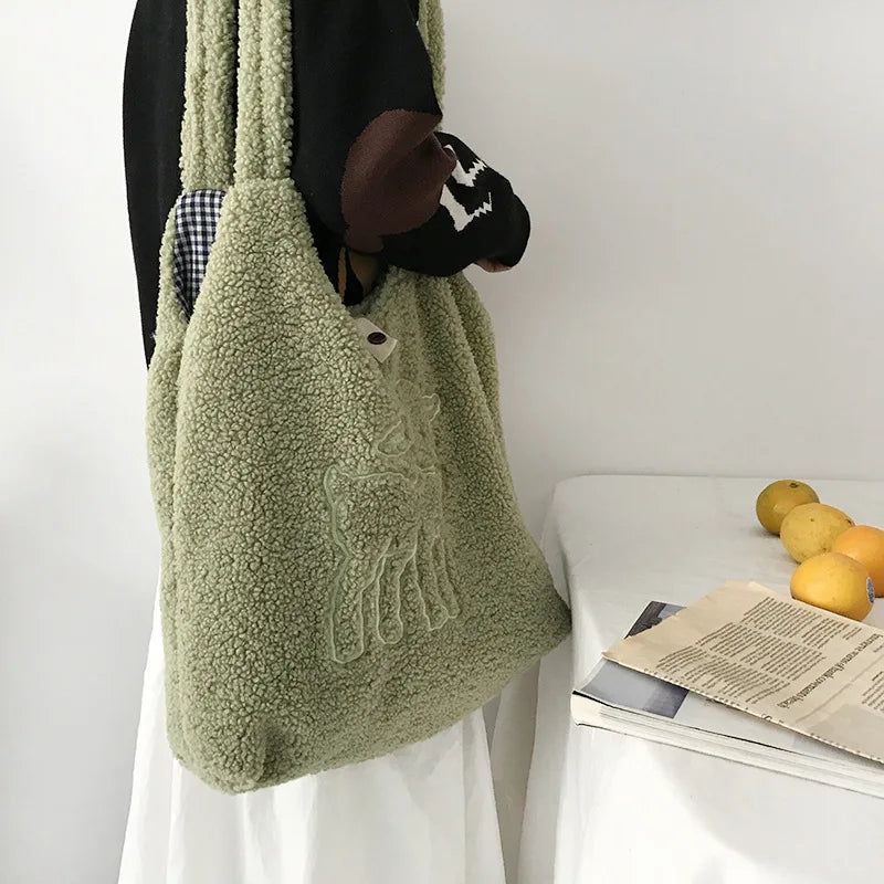 Women's Lamb Fabric Shoulder Bag Canvas Handbag Large Capacity