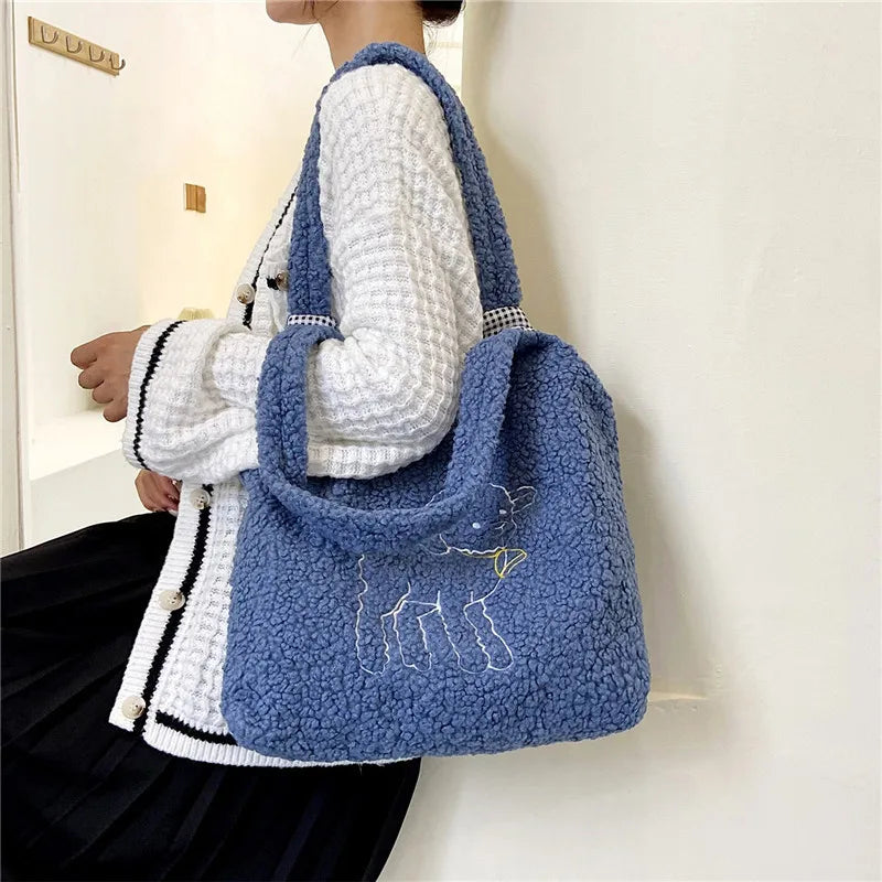 Women's Lamb Fabric Shoulder Bag Canvas Handbag Large Capacity