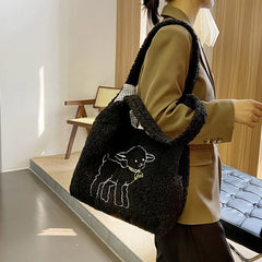 Women's Lamb Fabric Shoulder Bag Canvas Handbag Large Capacity