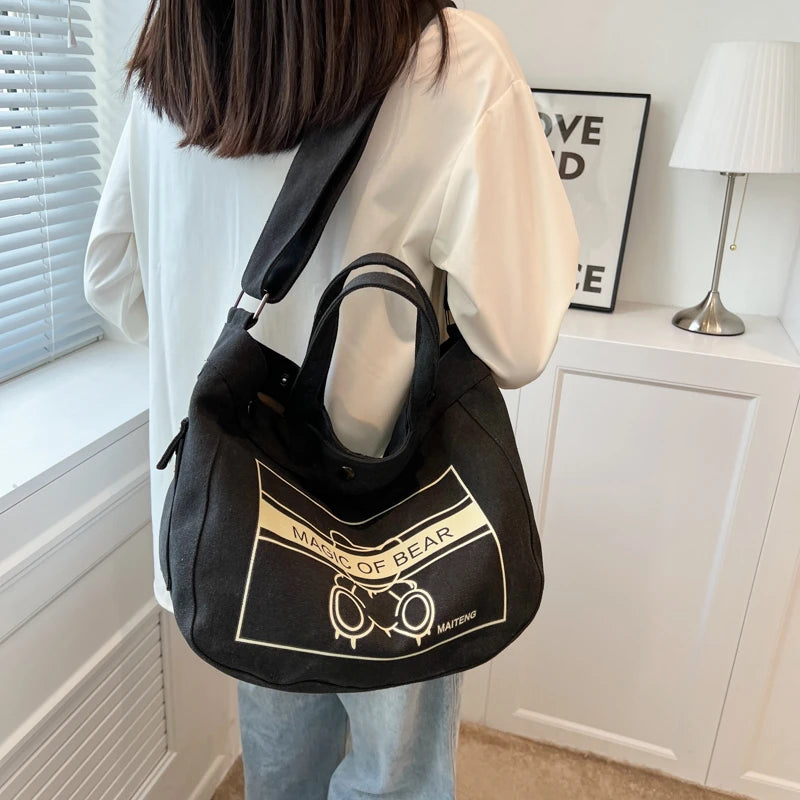 Women's Large Canvas Crossbody Bag Cotton Cloth School Shoulder Handbag
