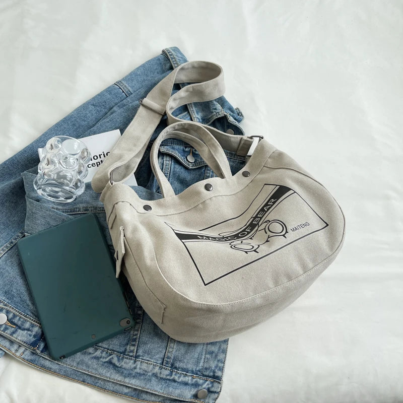 Women's Large Canvas Crossbody Bag Cotton Cloth School Shoulder Handbag