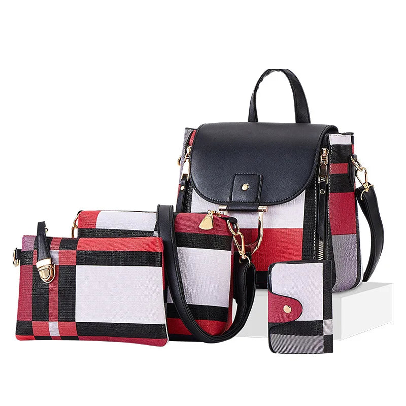 Women's Plaid Backpack Set Large Capacity 4 Pcs Tote Shoulder Crossbody Bag