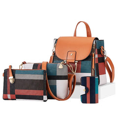 Women's Plaid Backpack Set Large Capacity 4 Pcs Tote Shoulder Crossbody Bag