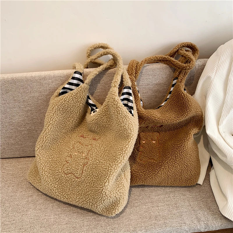 Large Capacity Plush Winter Shoulder Bag Lamb Wool Handbag Soft Bear Tote
