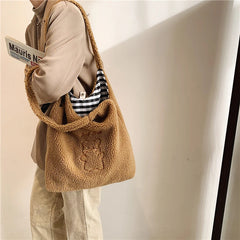 Large Capacity Plush Winter Shoulder Bag Lamb Wool Handbag Soft Bear Tote