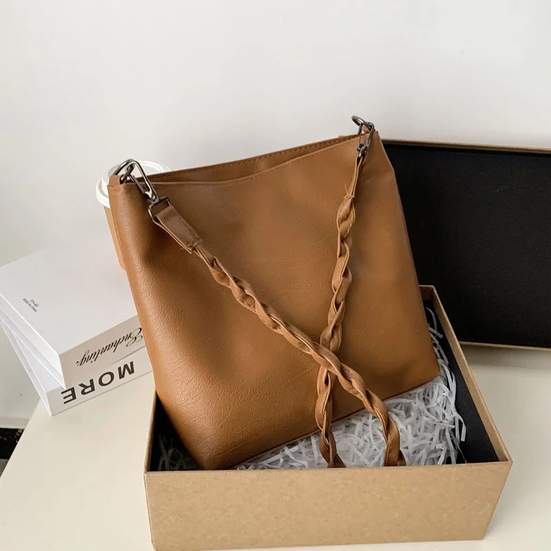 Vintage PU Leather Shoulder Bag School Cross-body Bucket Bags for Women Handbag