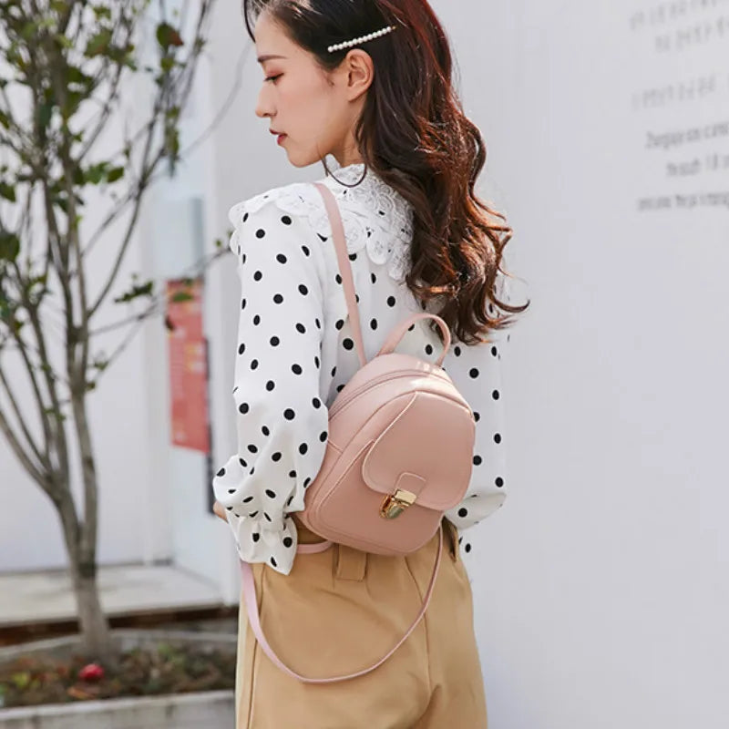 Women's Leather Mini School Backpack for Teenage Girls Small Female Bag