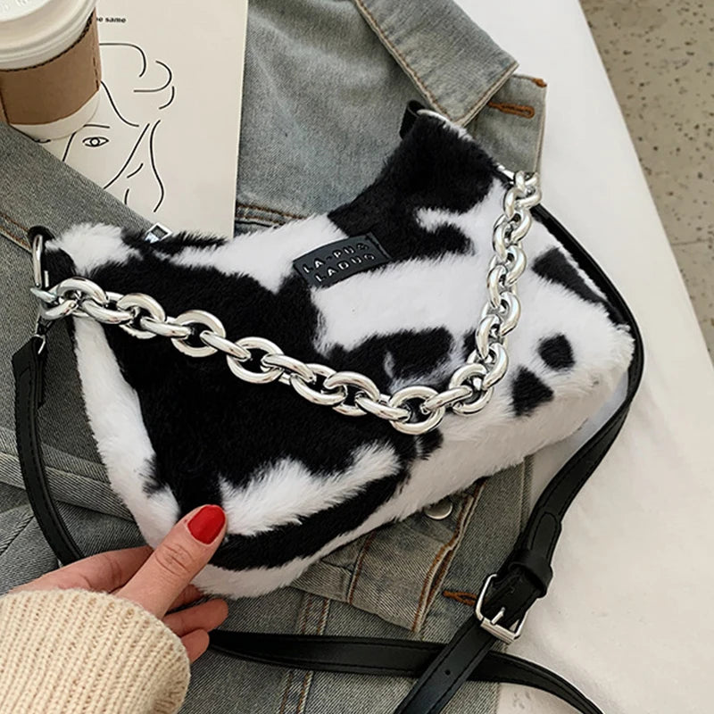 Women's Leopard Chain Hobo Bag Plush Shoulder Crossbody Bag